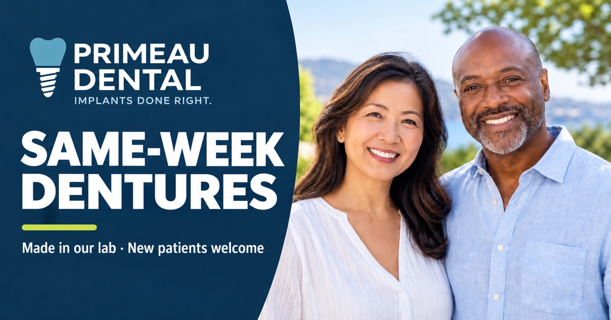 Primeau Dental same-week dentures with two adults smiling